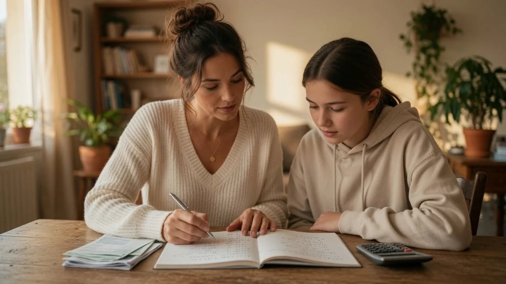 Mother teaching teenager budgeting skills at home as part of a real life budgeting for moms approach at PennyToPower.com