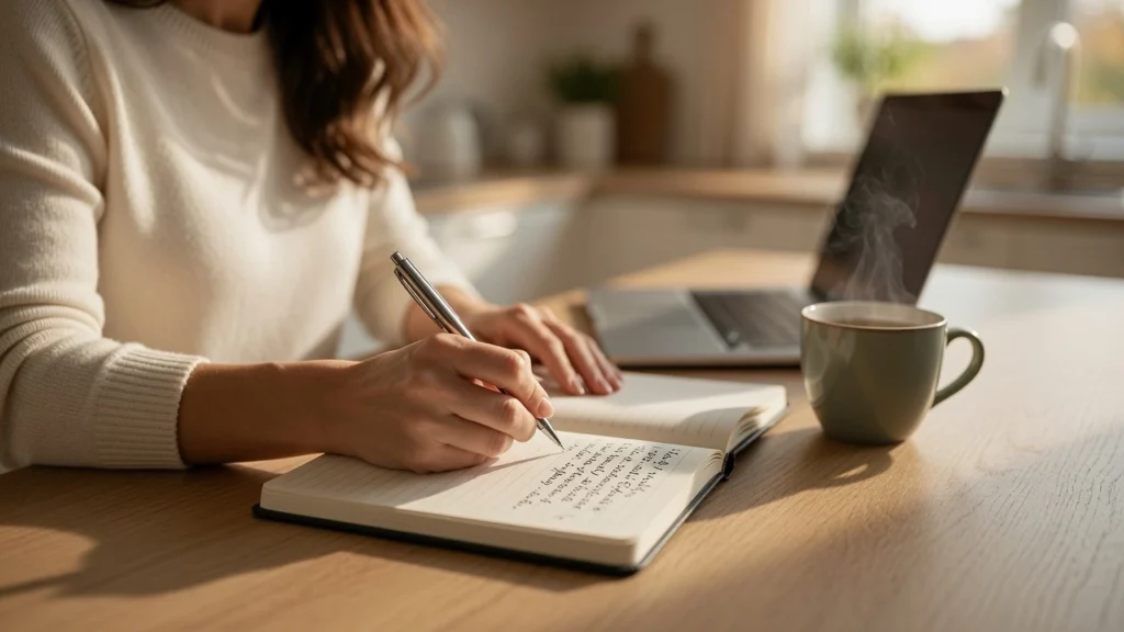 Woman writing Pinterest traffic strategy in notebook at wooden desk — PennyToPower.com