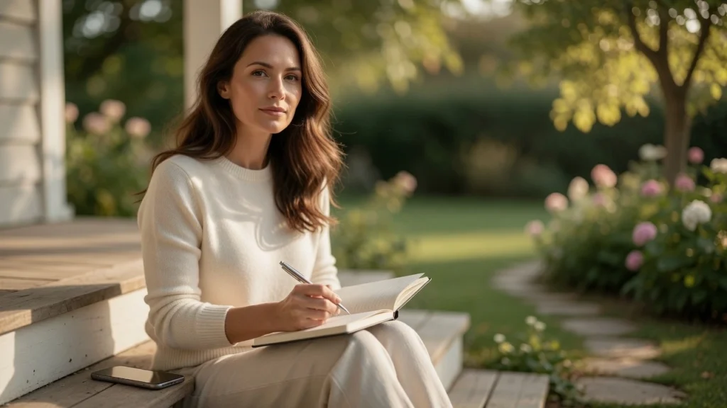 Woman reviewing realistic Pinterest income timeline document at window — PennyToPower.com