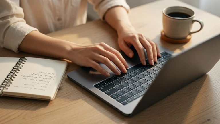 Make money on Pinterest strategy guide — hands at keyboard with notebook — PennyToPower.com