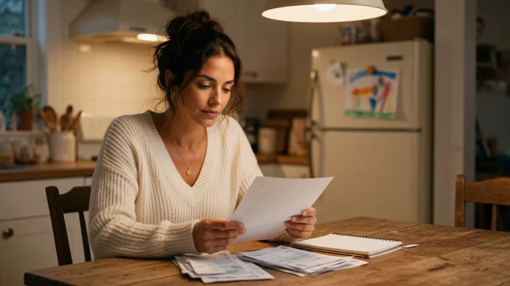Single mom reviewing household budget papers at kitchen table in the evening — PennyToPower.com