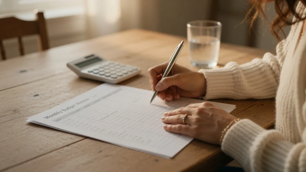 Single mom hands writing monthly budget worksheet at kitchen table — PennyToPower.com