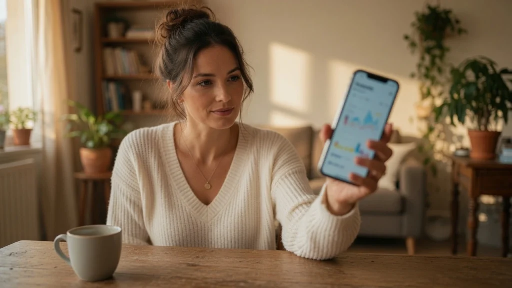 Woman checking her budget app as part of a consistent budgeting for moms morning routine at PennyToPower.com