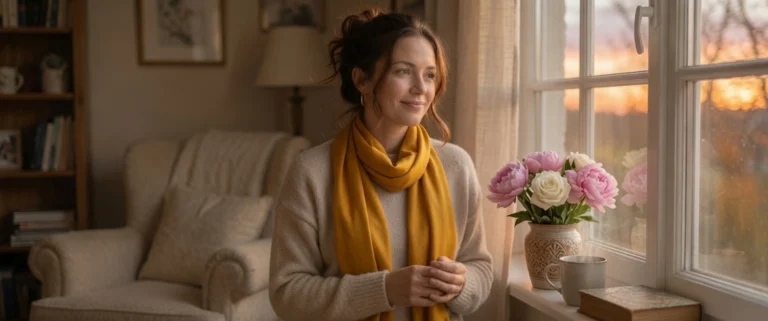 Single mom enjoying micro luxury habits with morning coffee and flowers in warm home setting PennyToPower.com