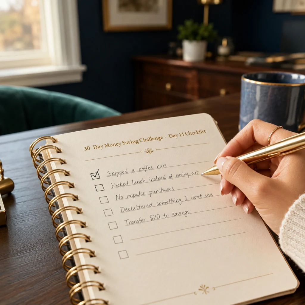 A woman's hand using a gold pen on a luxurious checklist planner titled '30-Day Money Saving Challenge', representing an organized budget on PennyToPower.com.