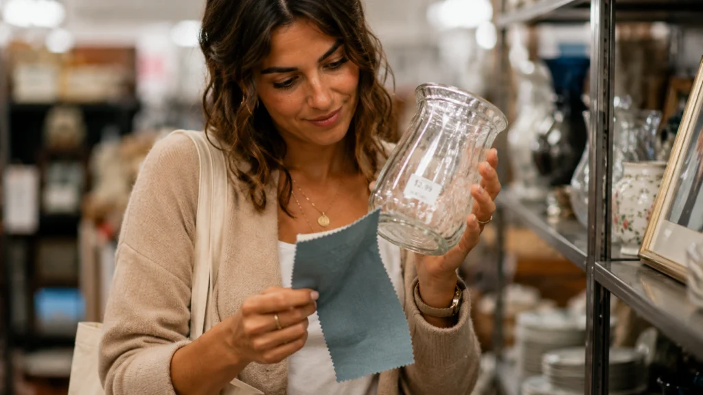 Bride thrifting vases for a DIY wedding decor budget