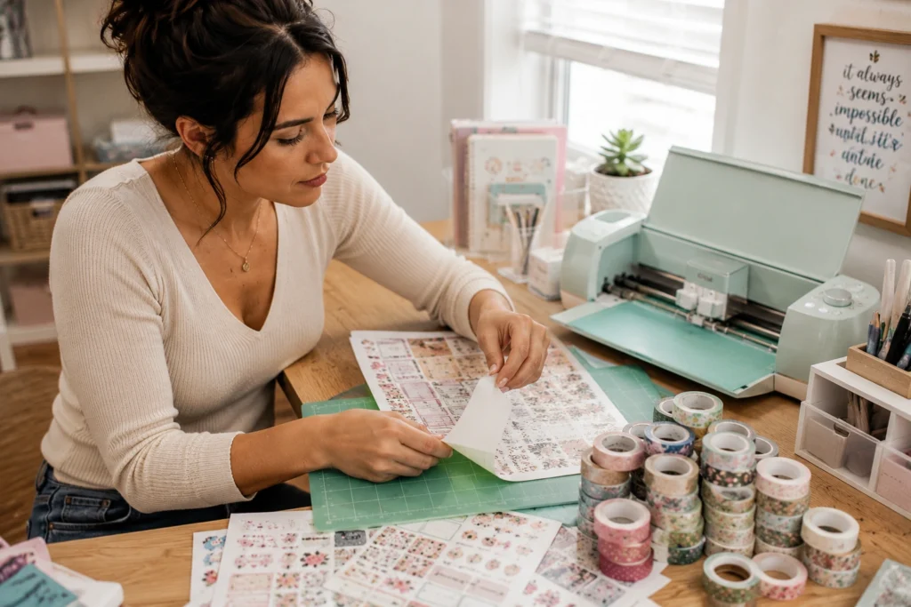 Woman cutting a sheet of planner stickers for an Etsy shop