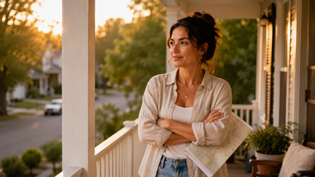 Single women selling property evaluating a neighborhood market before listing