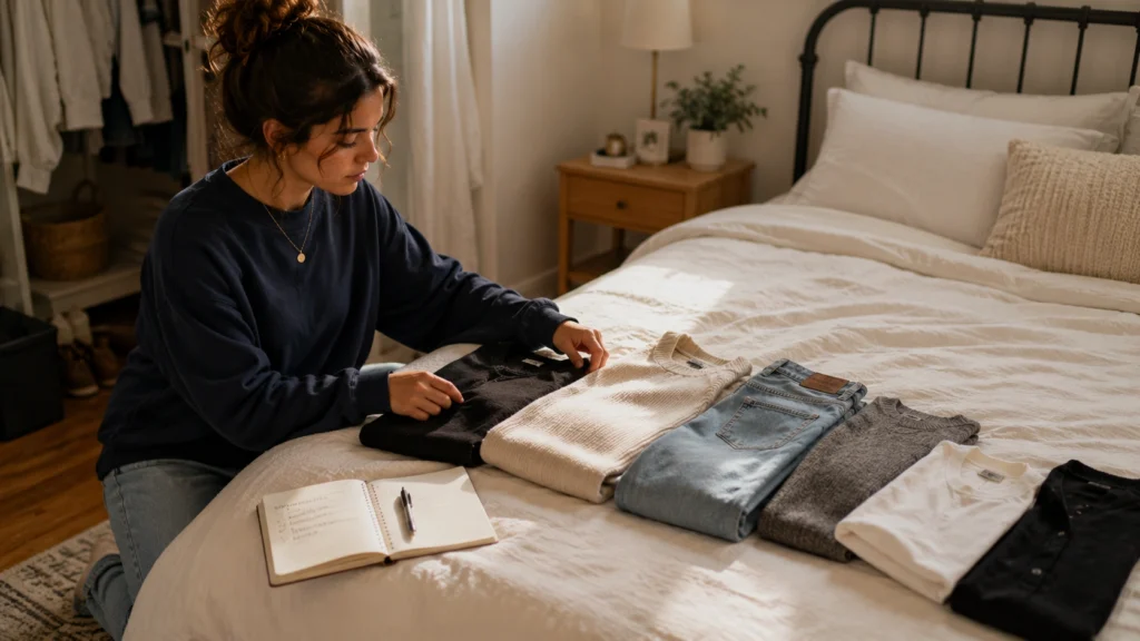 Teen laying out a small capsule wardrobe on her bed