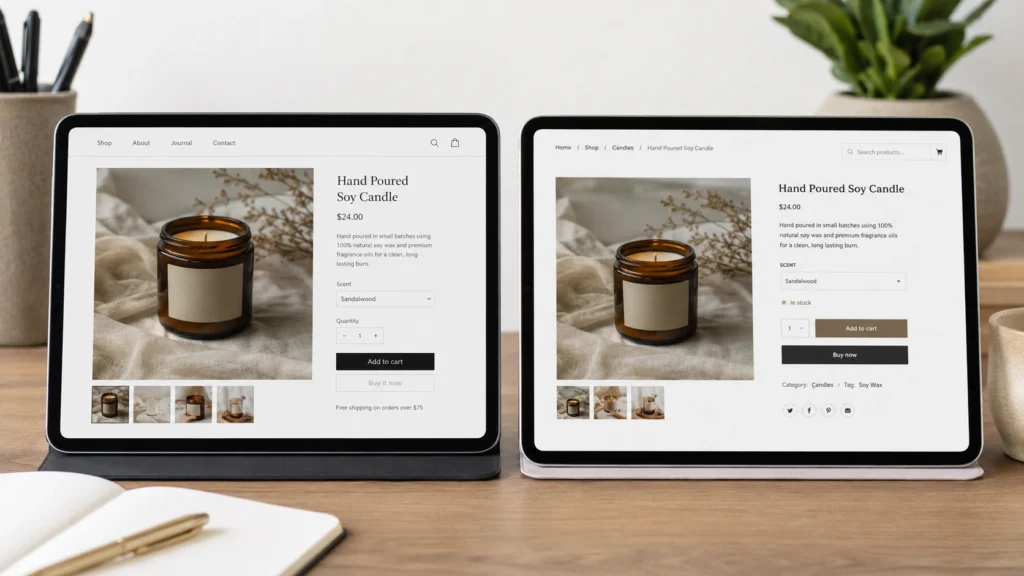 Comparing a Shopify theme and a WooCommerce theme for handmade product pages