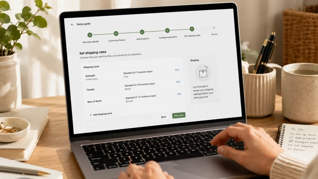 Shopify store setup screen for a new handmade business