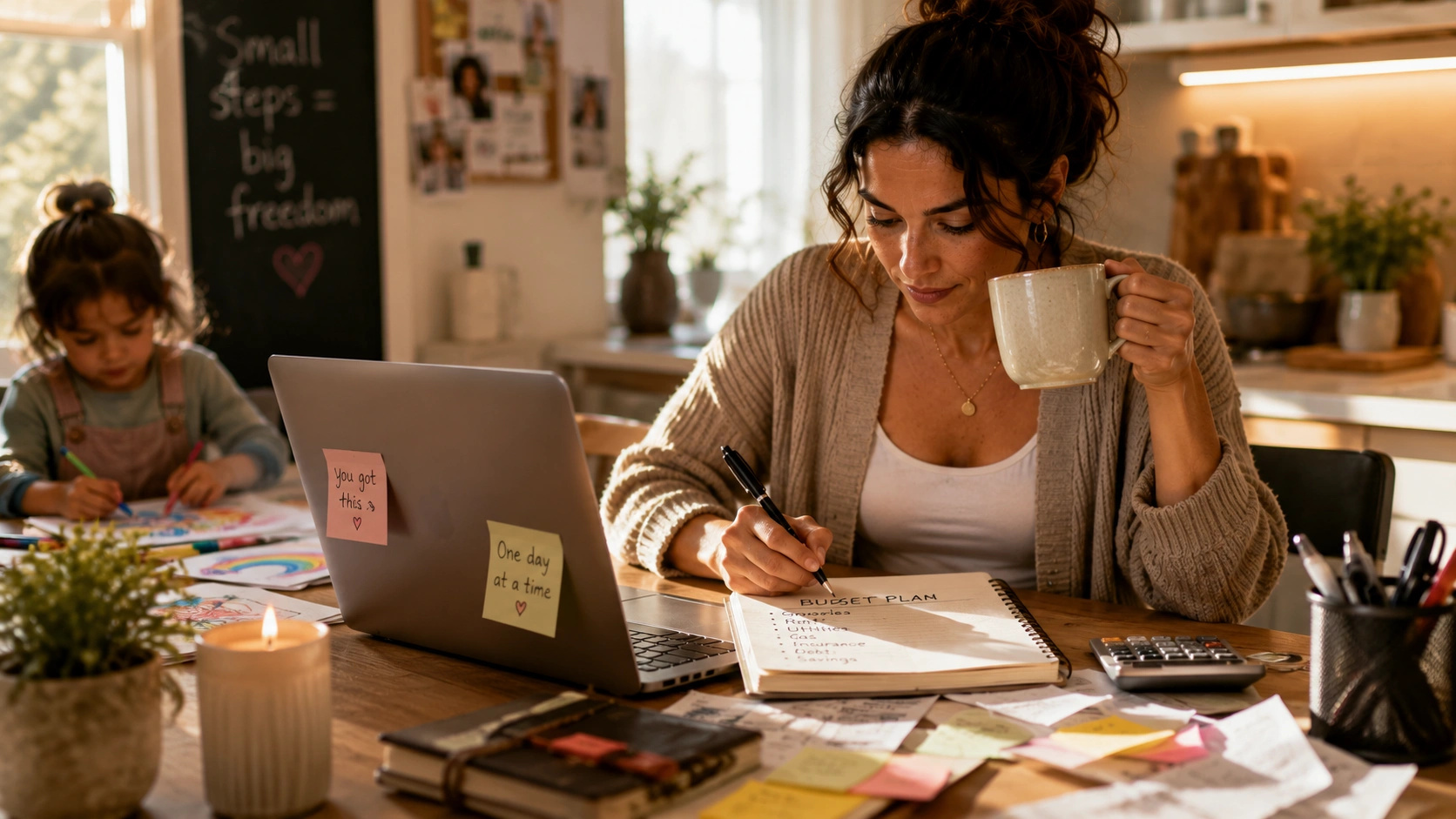 New mom money tips: woman budgeting at kitchen table with child's drawing