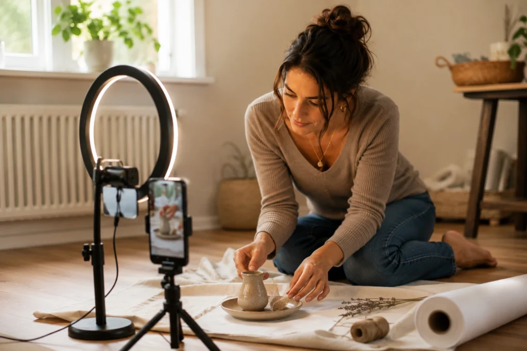 Woman photographing a handmade product for her Etsy shop with a phone tripod