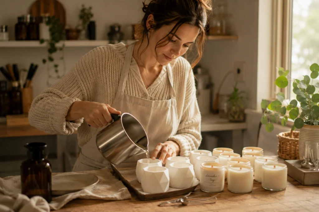 Woman pouring soy wax candles into molds for an Etsy shop