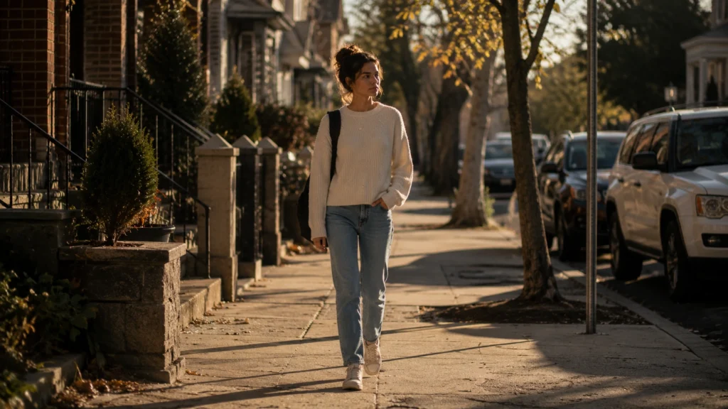 Teen walking to school in a simple neutral outfit
