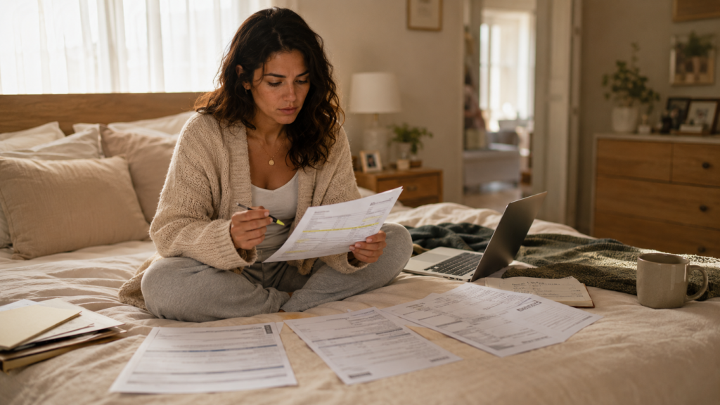 Woman reviewing bank statements while sorting her finances after divorce