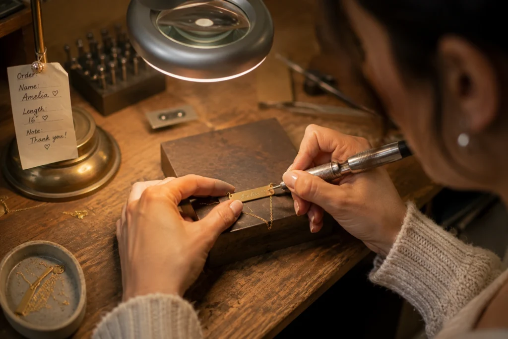 Hands engraving a personalized name necklace, best-selling Etsy items