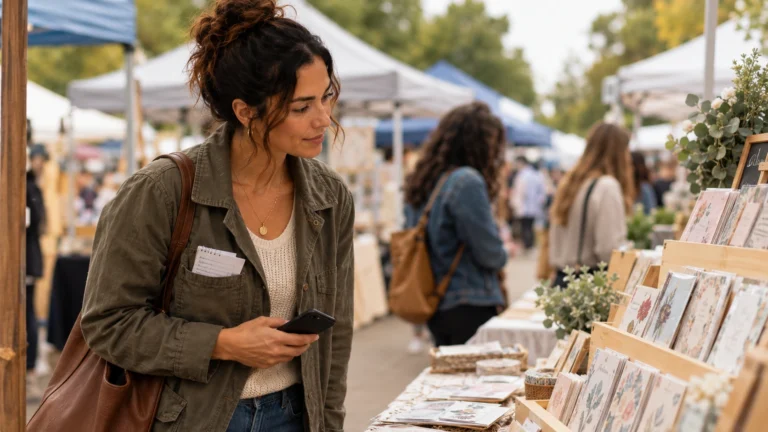 Woman studying product displays at an outdoor craft market