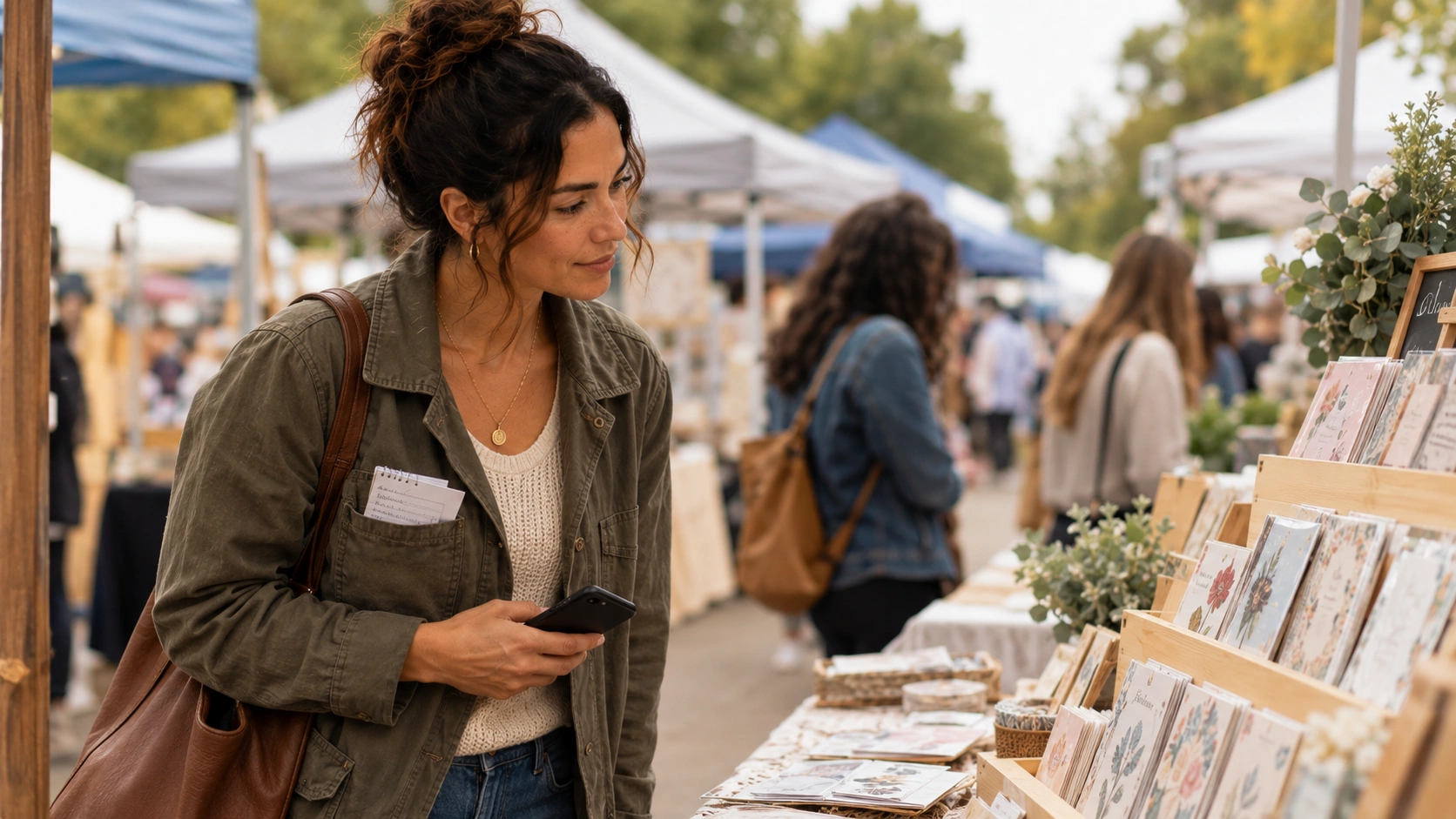Woman studying product displays at an outdoor craft market