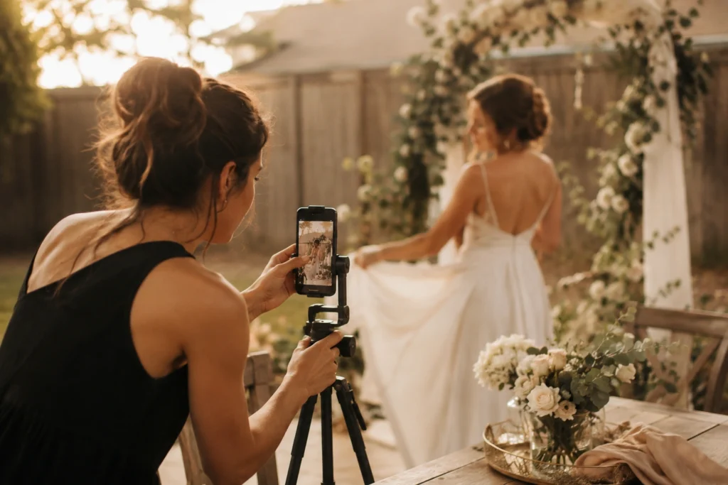 Woman practicing wedding content creator shots at a styled backyard shoot