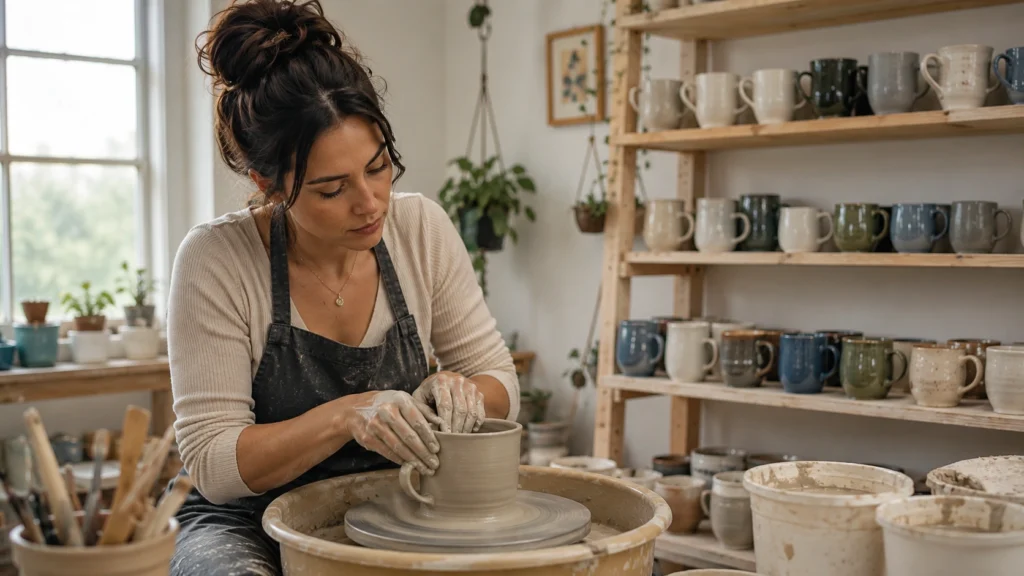 Woman shaping a handmade mug on a pottery wheel