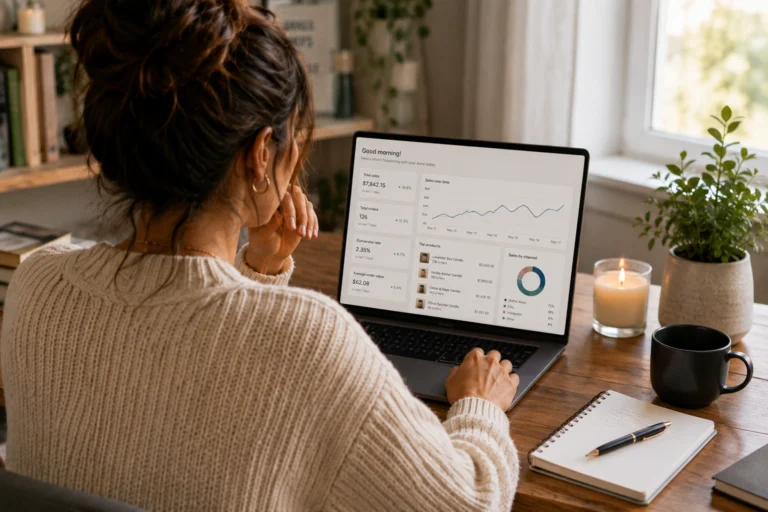 Shopify vs WooCommerce comparison for a handmade business owner reviewing e-commerce dashboards on a laptop in a home office