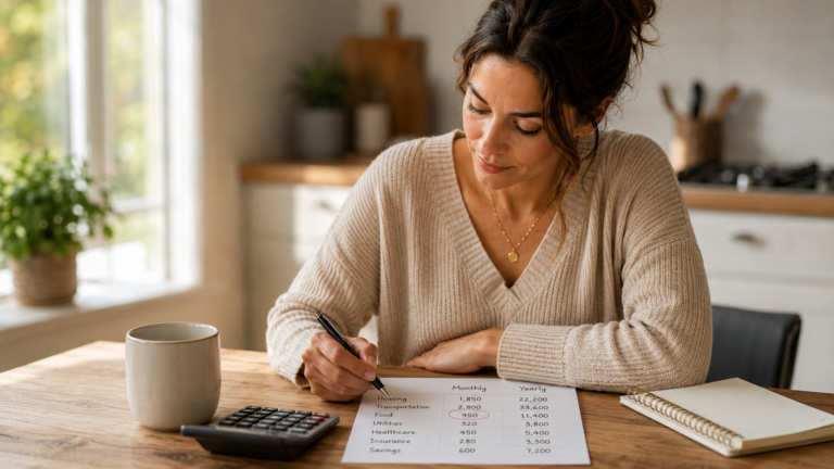 Woman reviewing average family budget 2026 worksheet at kitchen table