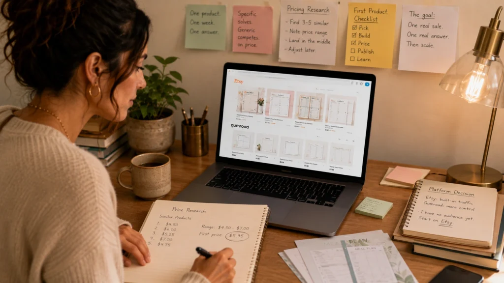 Woman comparing digital product listings and pricing strategies while working on a laptop at a home desk