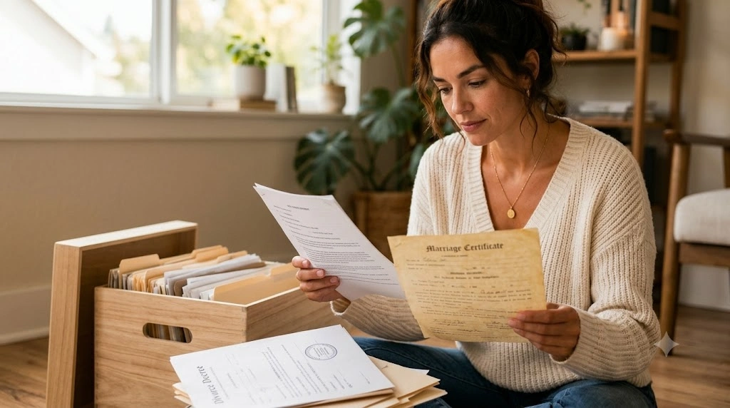 Woman gathering marriage certificate and divorce decree to apply for divorced spouse benefits