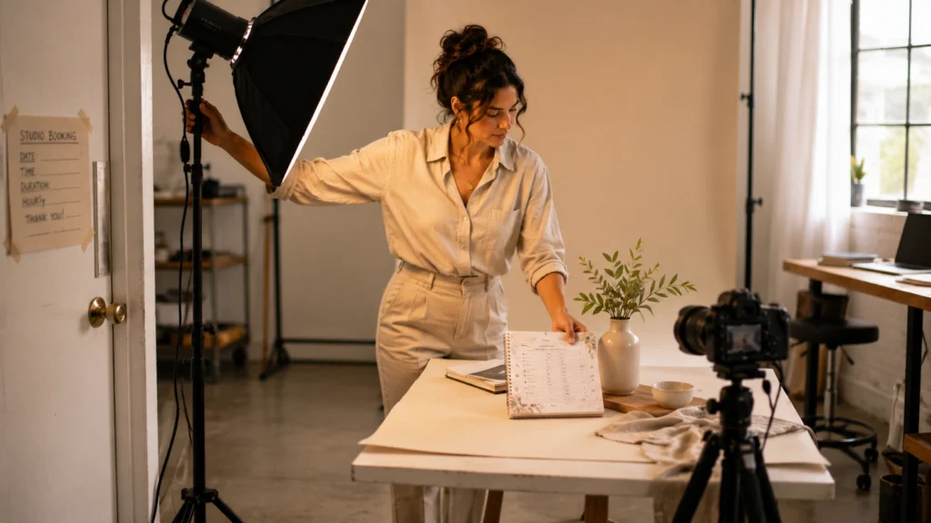 Woman photographing a digital product mockup in a rented studio space