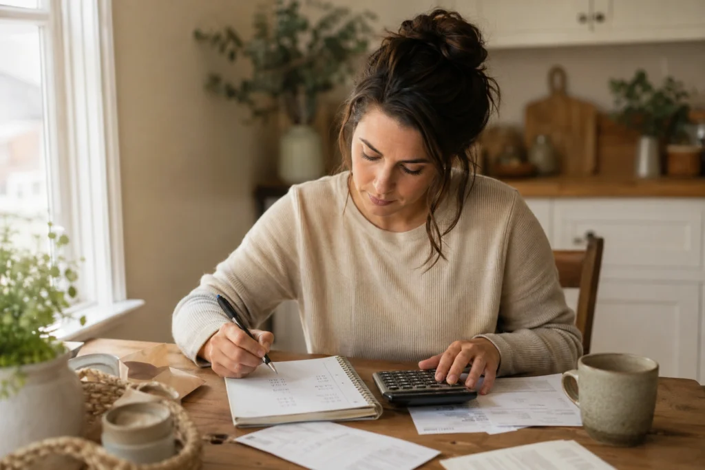 Woman calculating Etsy shop costs and profit at kitchen table, starting an Etsy shop