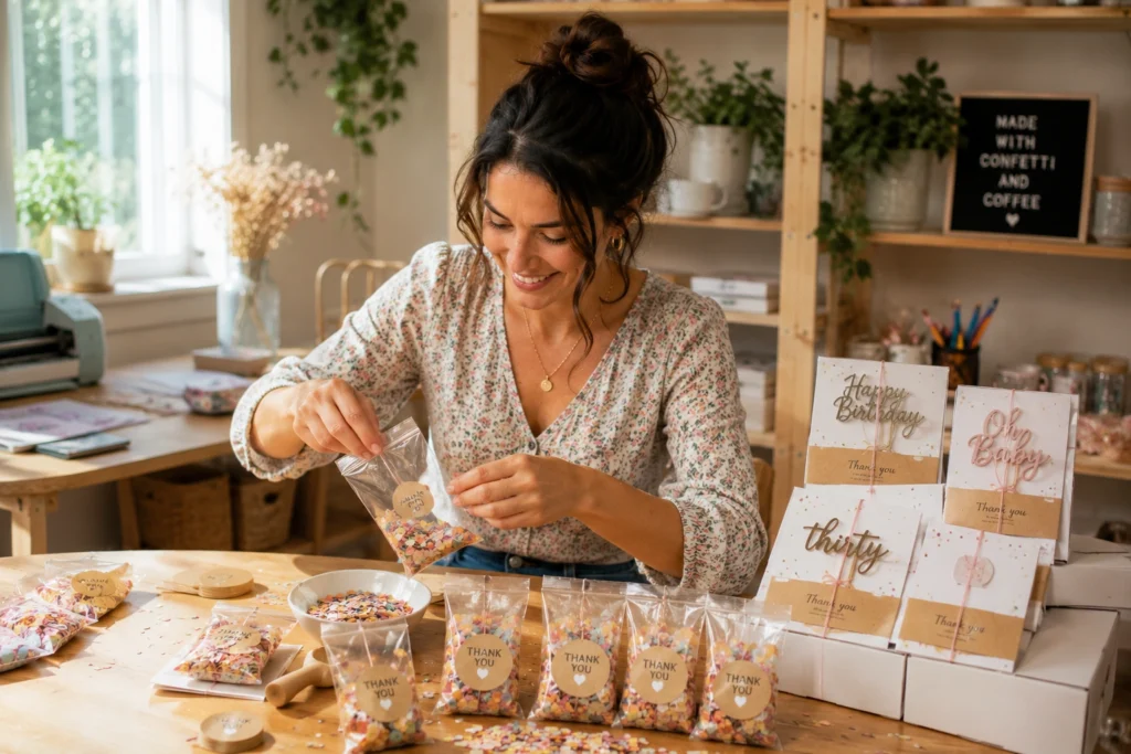 Woman packaging custom party favors and confetti for an Etsy shop