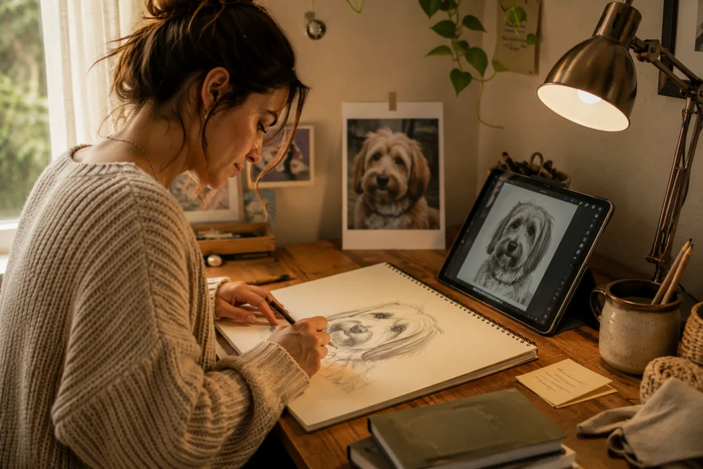 Artist sketching a custom pet portrait for an Etsy order