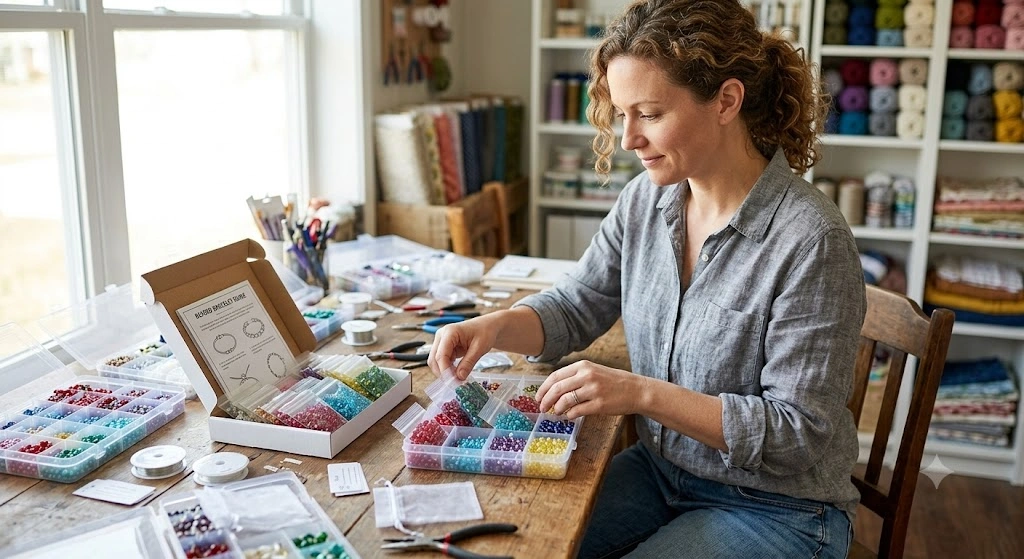 Woman assembling a DIY jewelry-making kit with beads for Etsy
