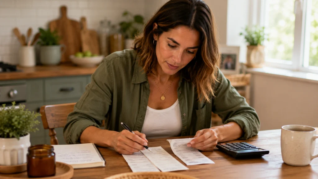 Woman auditing grocery receipts to fix a common budgeting mistake