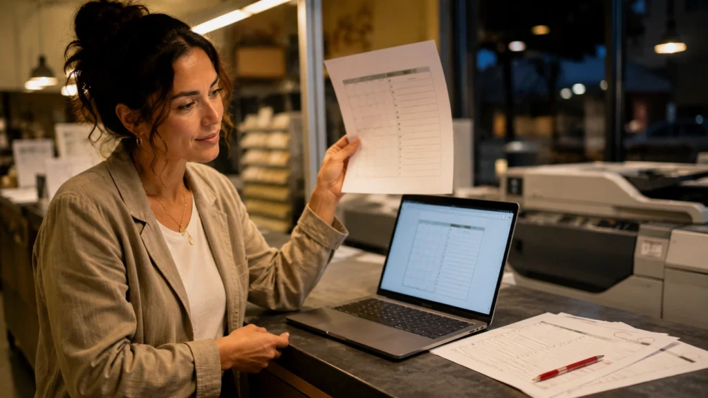 Woman comparing a printed proof to her screen, selling digital products beginners method