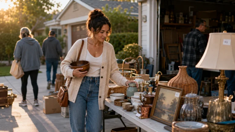 Woman sourcing thrift flipping items at an early estate sale