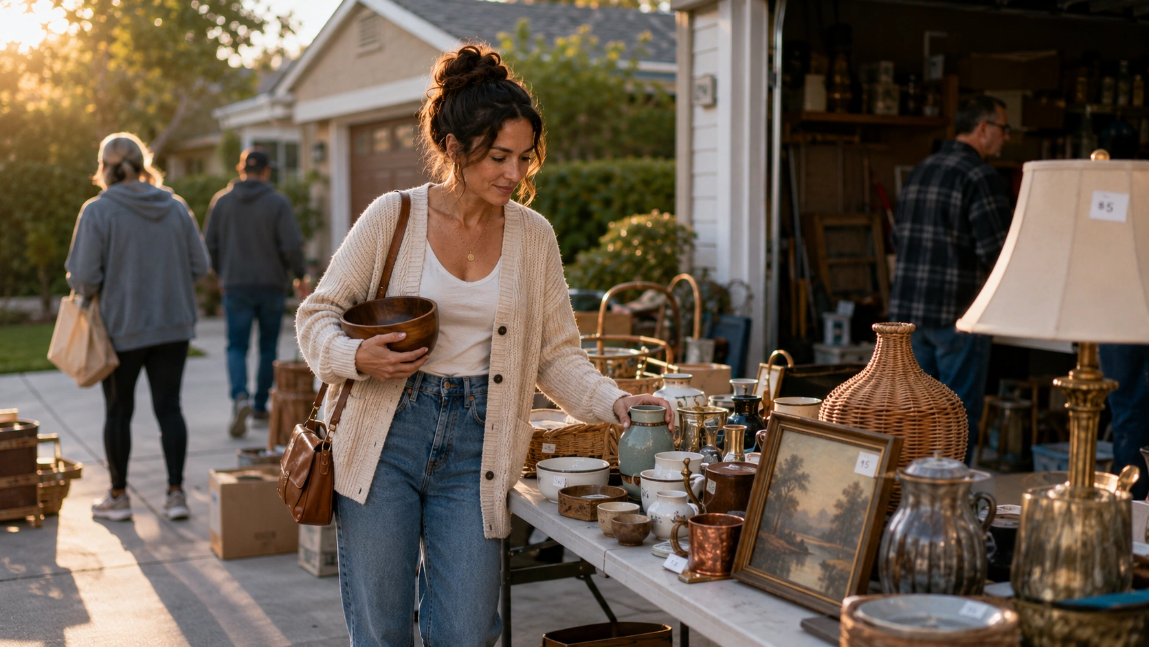 Woman sourcing thrift flipping items at an early estate sale