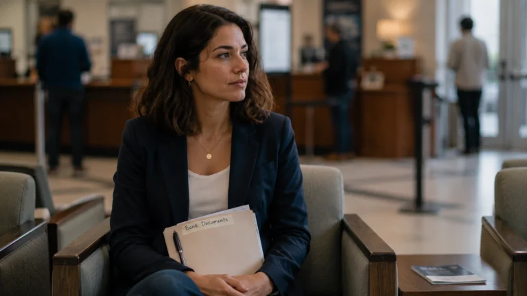 Woman with folder in a bank lobby managing her finances after divorce