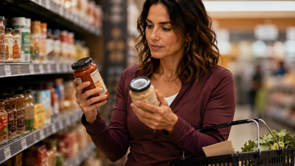 Woman comparing two grocery products, a small frugal vs cheap decision in action
