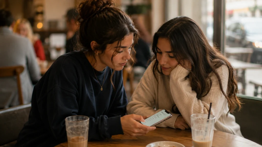 Two teens comparing a clothing budget list at a cafe