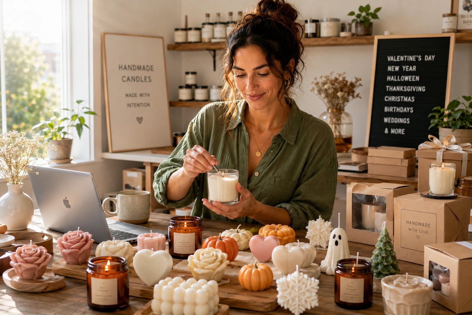 Candle business for beginners with a woman making and packaging handmade candles in a bright home studio surrounded by seasonal candle designs and premium gift boxes.