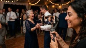 Woman filming a candid dance floor moment as a wedding content creator, PennyToPower