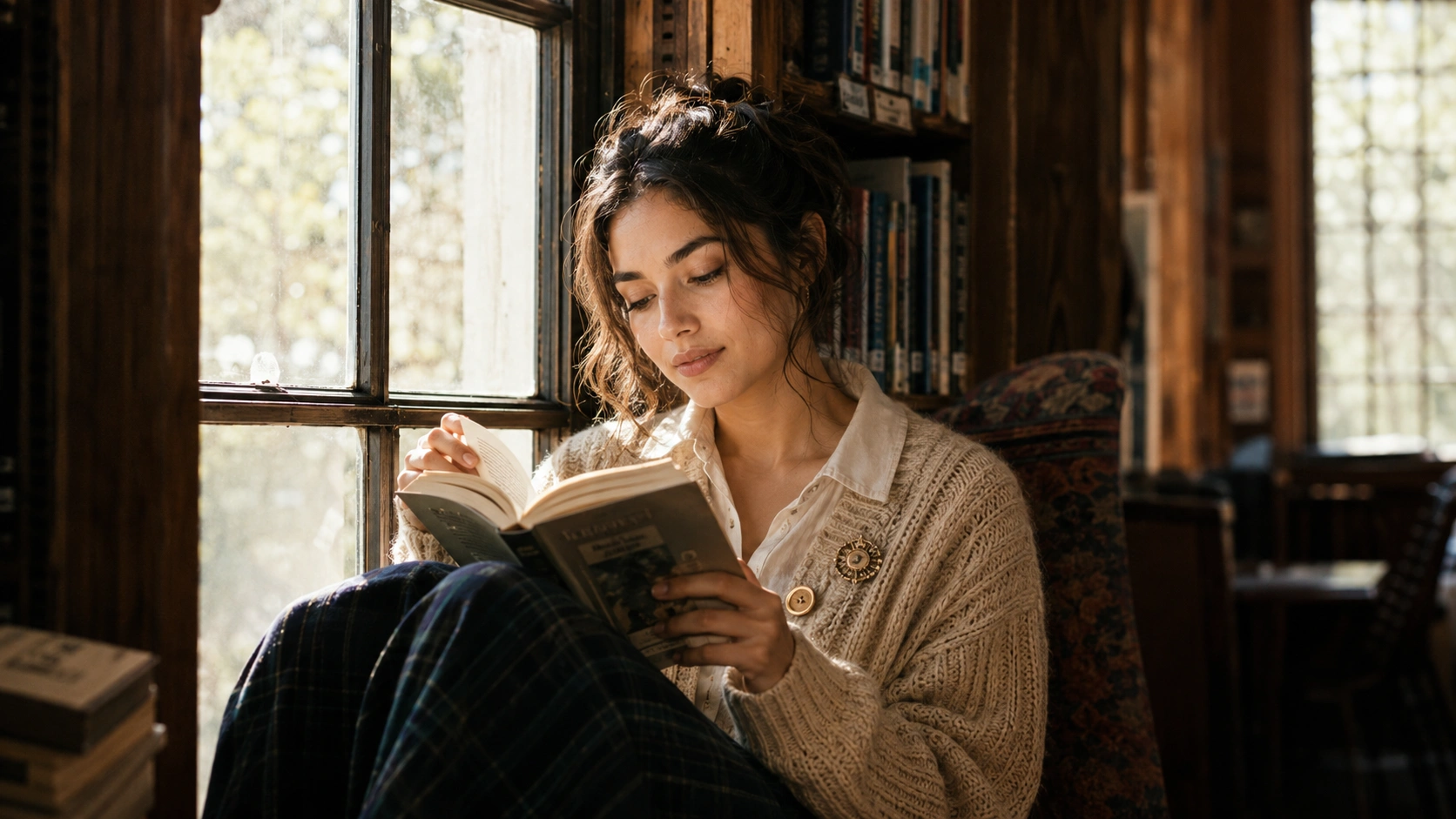 Teen reading in library window seat wearing a budget poetcore wardrobe cardigan