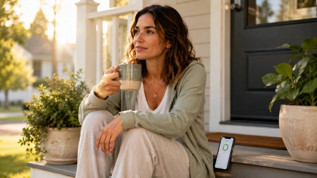 Woman on her porch reviewing an automated savings plan