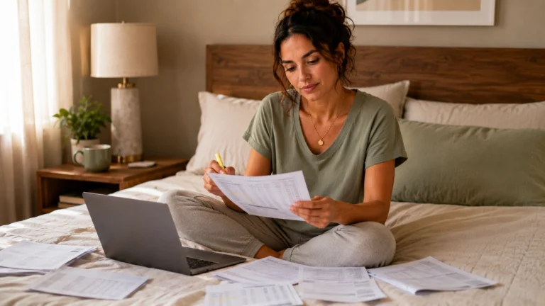 Woman reviewing bank statements while rebuilding finances after divorce, PennyToPower