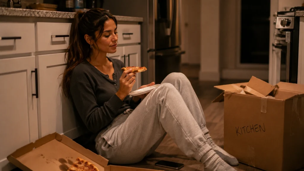 First apartment essentials first night, eating pizza on the kitchen floor