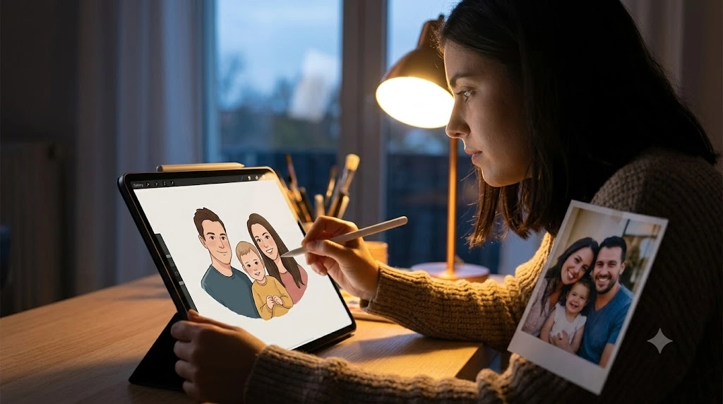 Illustrator drawing a custom digital family portrait for an Etsy commission