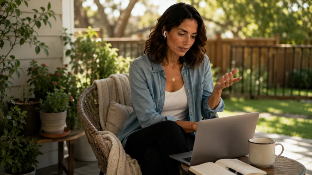 Woman taking a work call outdoors during a remote job interview