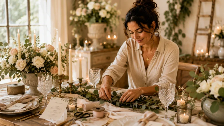 Bride planning DIY wedding decor at a cafe table with fabric swatches